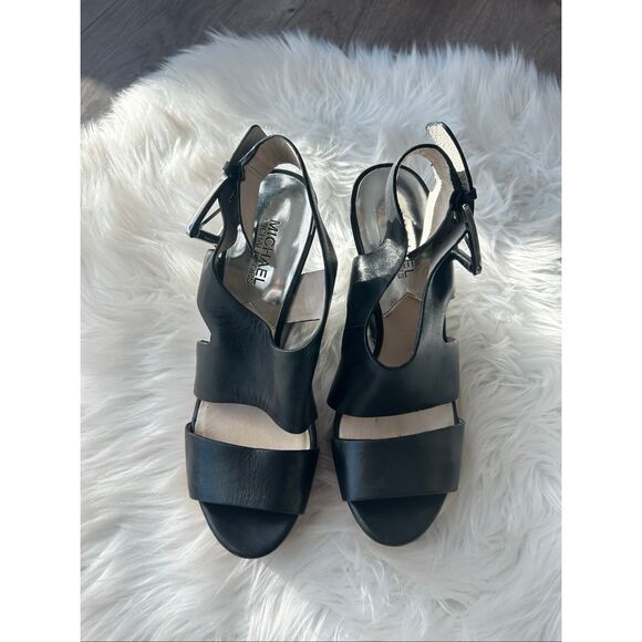 Michael Kors Josephine Wedge Heels Leather Shoes size 7.5 black and wood color - Picture 1 of 7